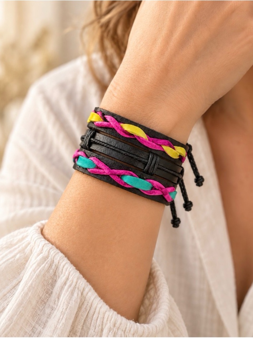 Black Leather Wrap Bracelet with Pink, Yellow & Teal Braids